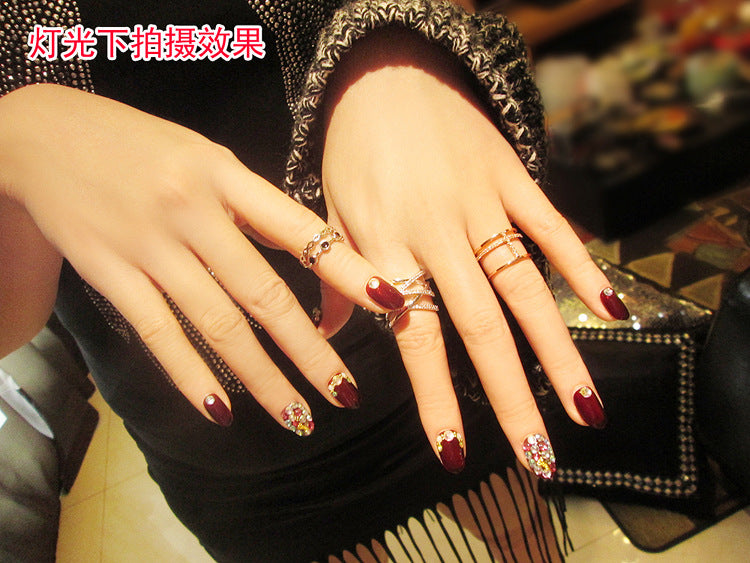 Fashion nail Finished Nail Beauty Magazine Style Japanese Rhinestone Deep Burgundy Fake Nails 24 Pieces UV Nail L28