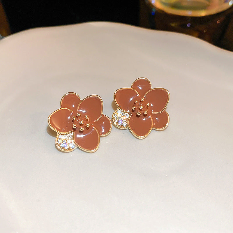 银针滴油镶钻花朵耳钉女 2023年新款设计感耳环时尚百搭耳饰批发