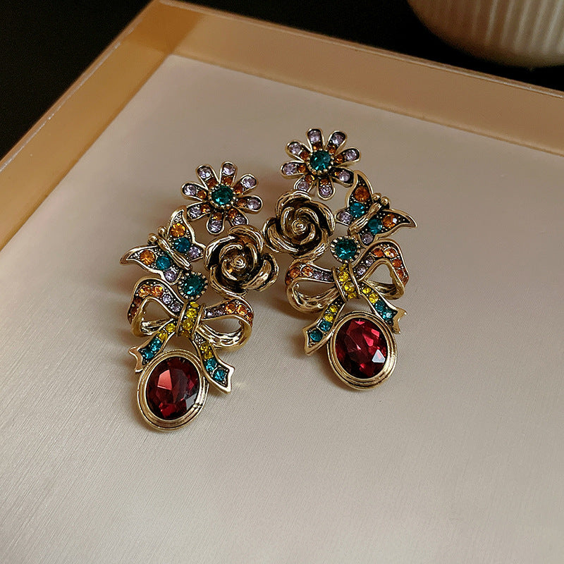 银针镶钻蝴蝶结花朵耳环欧美复古设计感耳钉小众设计感耳饰批发女