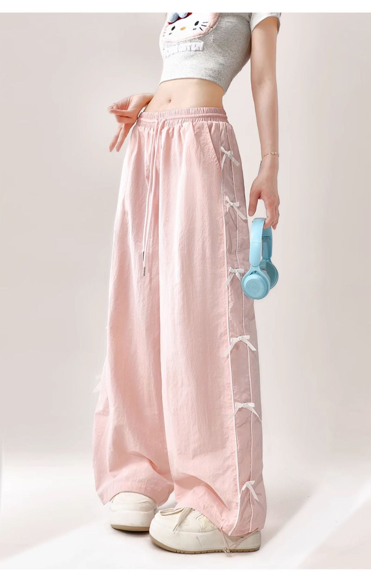 Dopamine pants Free shipping Tattoo Pink dopamine bow quick-drying overalls women's summer new thin straight casual loose wide-leg pants