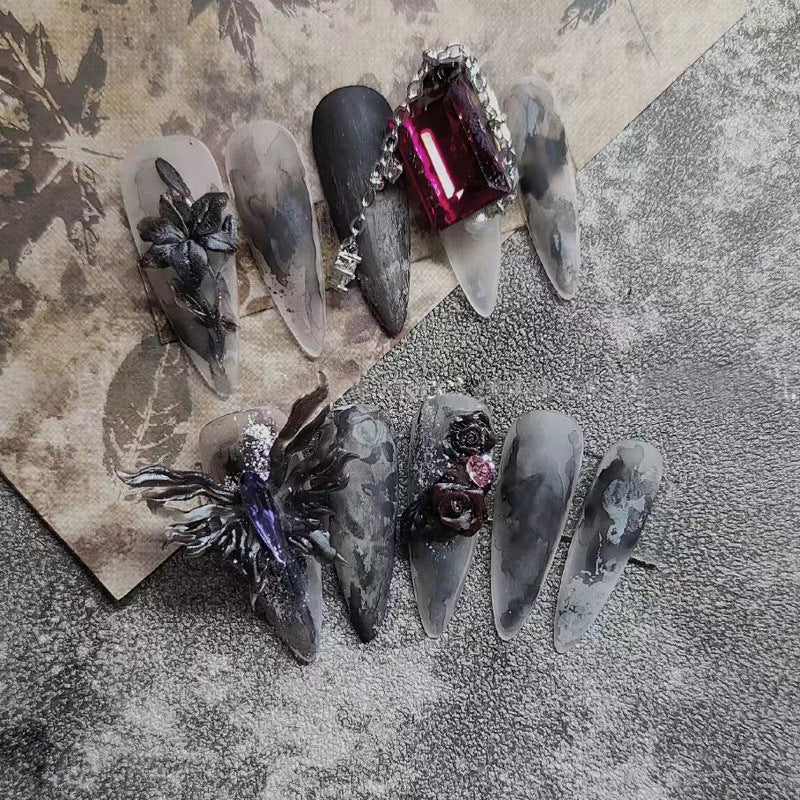 (Hand-Made Nail) Purple White Heavy Industry Secret Garden Flash Pink Diamond Pearl Sequins Hand-Worn Nail Beauty Ins Style Disassembly