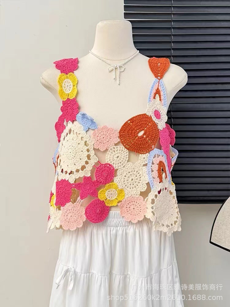 Dopamine tops Free shipping Tattoo Dopamine girly feeling colorful flower hollow sling vest women's summer design sense niche sweet knitted top