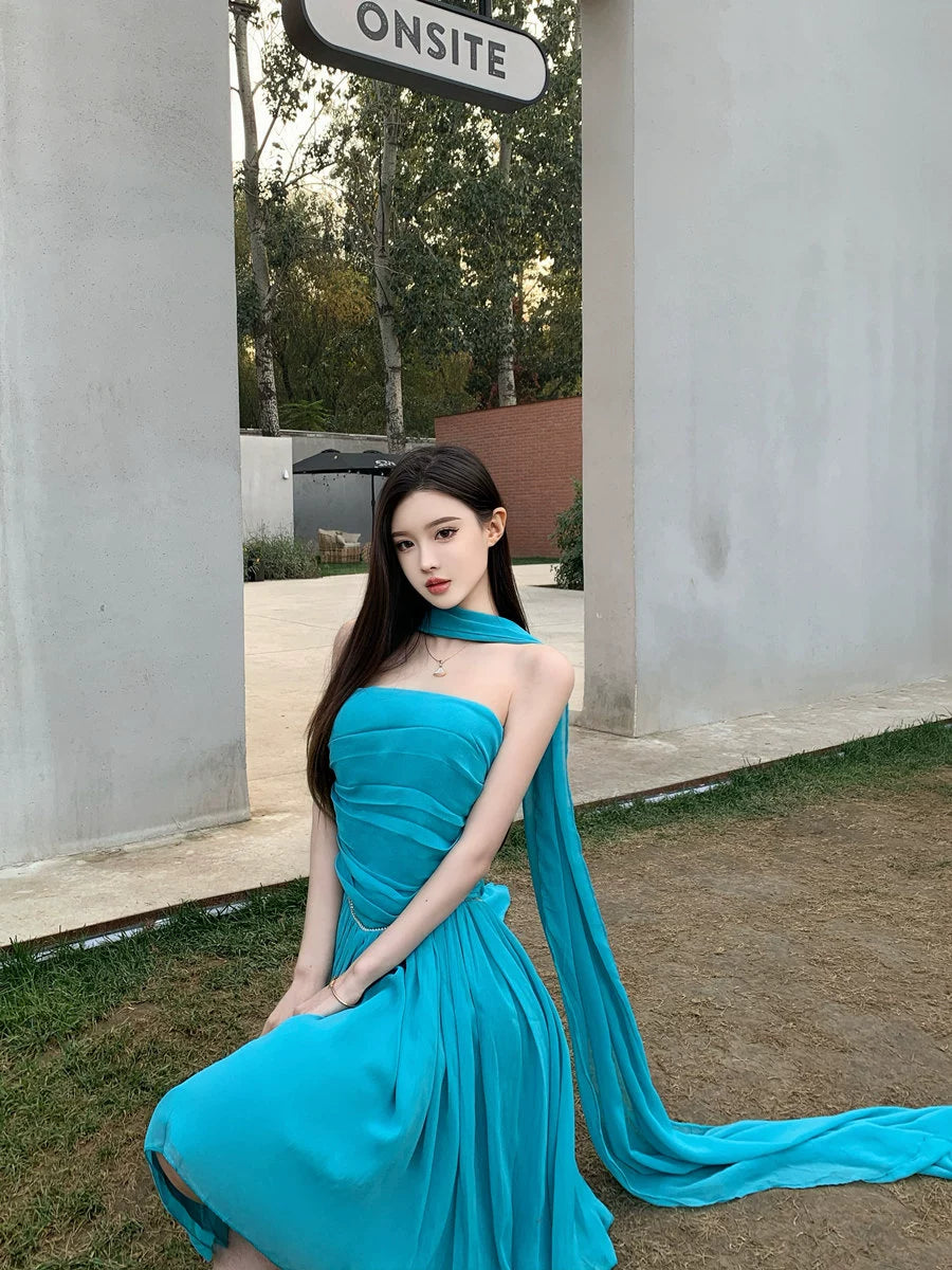 Fashion women's wear off-Shoulder Tube Top Hot Girl Waist Slimming Seaside Holiday Dress Summer Super Fairy Goddess Sanya Style Beach Dress