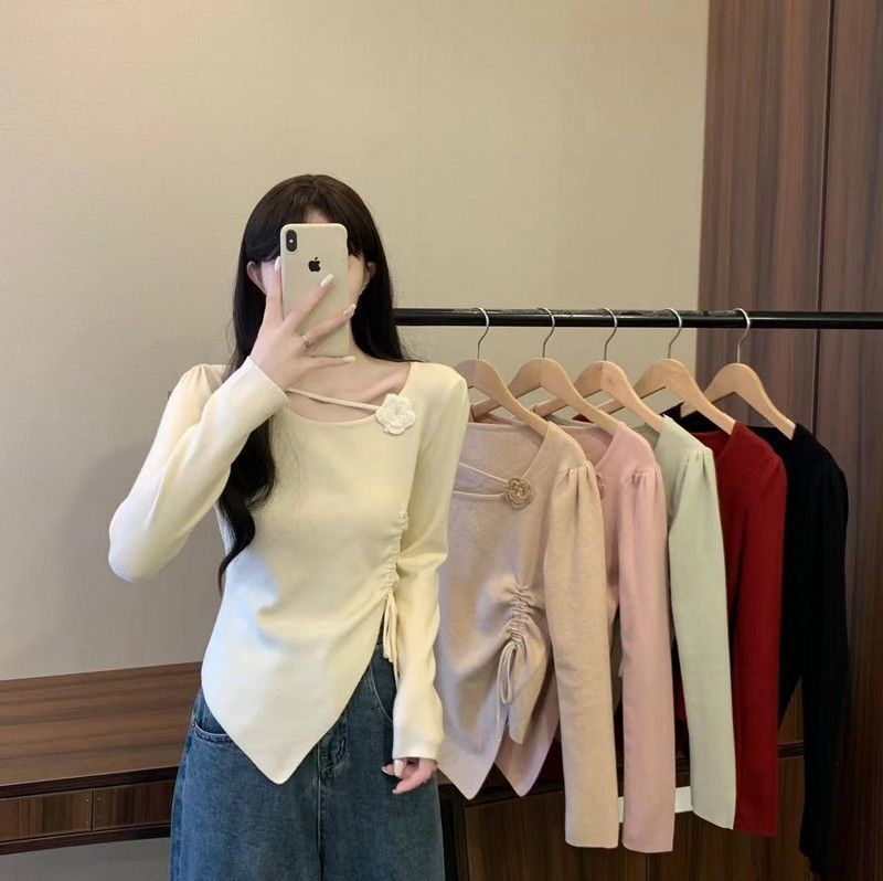 Dopamine tops Free shipping Tattoo Dopamine red three-dimensional flower long-sleeved knitted sweater for women's early autumn side drawstring closed waist and thin outer wear small top