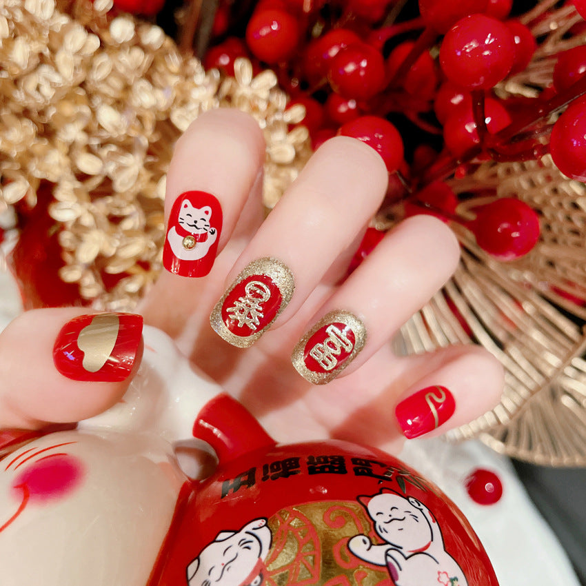 Fashion nail New Year Manicure Fake Nail Patch New Year Chinese New Year Celebration Joyous Lucky Cat Wear Nail Finished Patch Wear Nail A52