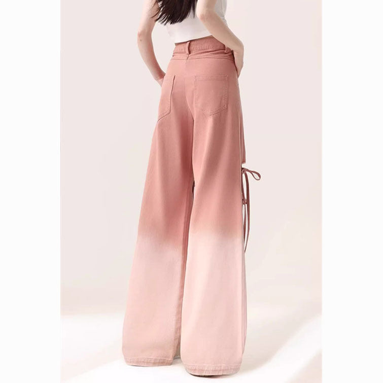 Dopamine pants Free shipping Tattoo Dopamine wears pink ripped jeans for women's summer thin new design loose and thin wide-leg pants