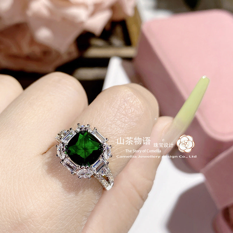 山茶奢华高端仿天然绿碧玺彩色宝石开口戒指 华丽气质方形锆戒指