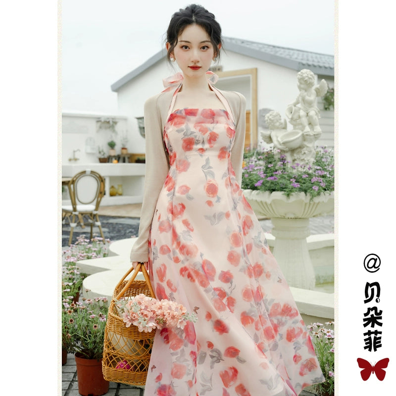 Fashion women's wear Tea Break French Style Backless Halter Suspenders Floral Dress Women's Early Spring Elegant High-Grade Dress