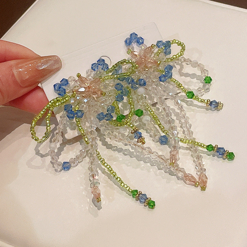 银针水晶米珠蝴蝶结流苏耳环森系甜美气质耳钉高级感小众耳饰批发