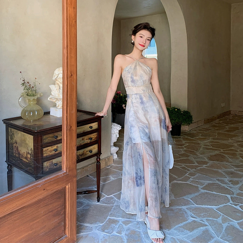 Fashion women's wear Chiffon Niche Sleeveless Split Halter Spaghetti Straps Dress Retro Hong Kong Style Tight Waist Seaside Vacation Dress Beach Dress
