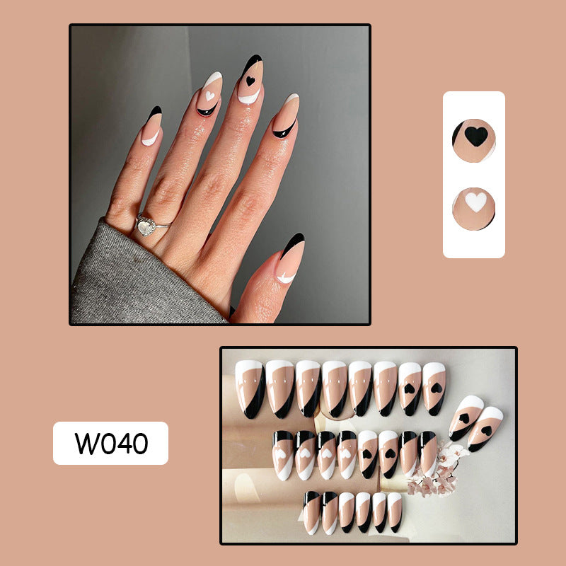 黑白爱心穿戴甲法式nails 跨境美甲片外贸假指甲长尖甲型美甲贴片
