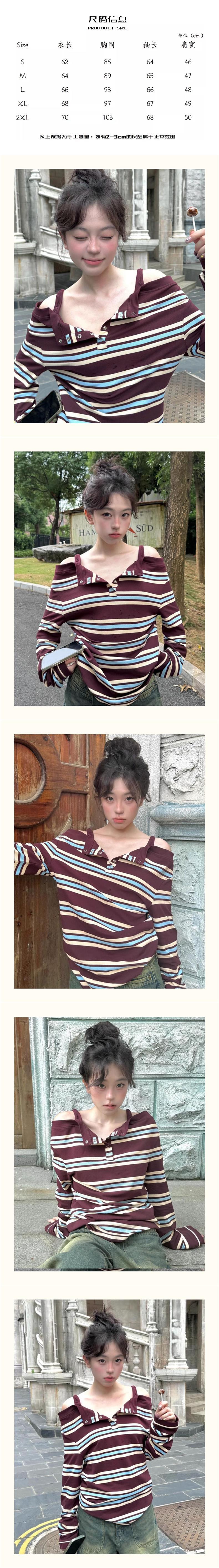 Dopamine tops Free shipping Tattoo The same striped fake two off-the-shoulder long-sleeved women's early autumn sweet and cool hot girls contrasting color T-shirt design sense niche repair body