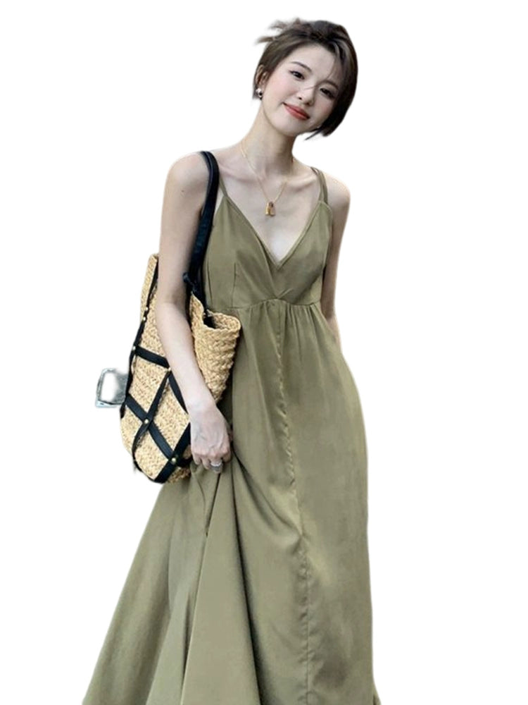 Fashion women's wear Tea Break French Style V-neck Sling Dress Women's Summer 2024 New Seaside Holiday High Sense Temperament Long Dress