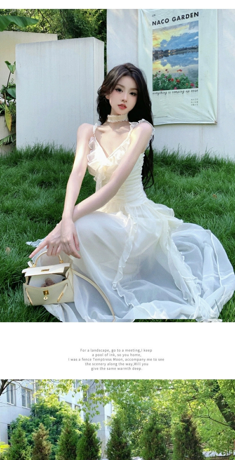 Fashion women's wear French Pure Desire Sexy White Ruffled Chiffon Sling Dress Fairy Seaside Vacation Escape Princess Long Dress