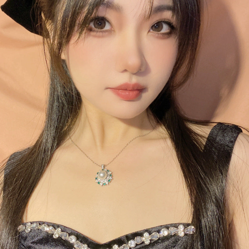 山茶宫廷风奢华满钻太阳花珍珠套装 镀金微镶时尚复古蓝宝石戒指