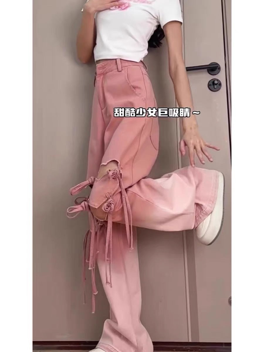Free shipping Dopamine pink love ripped jeans women's 2024 new summer design sense gradual change loose wide-leg pants