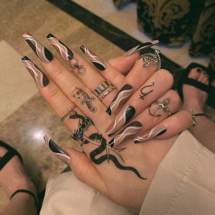 Fashion nail Wearable Fake Nails Pattern Wave Manicure European and American Nail Nail Sticker Finished Detachable Nail Tip Patch Ballet Nail W7