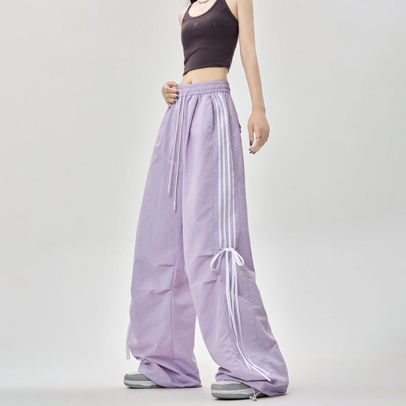 Dopamine pants Free shipping Tattoo American dopamine parachute overalls women's summer bow streamer dancing pants wide-leg ice silk quick-drying pants