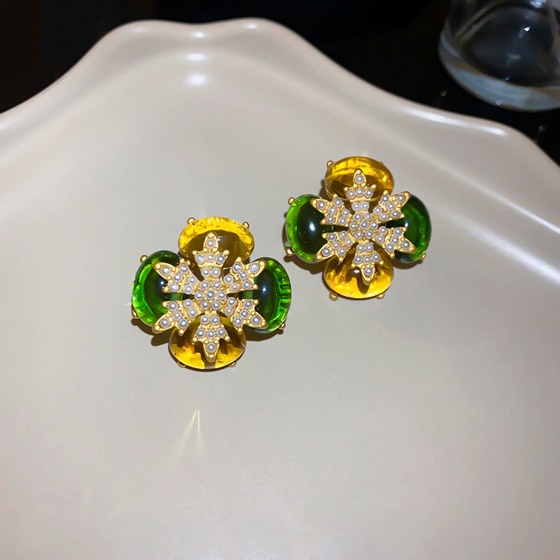 银针花朵珍珠耳环复古小众轻奢耳钉中古vintage高级感耳饰批发女