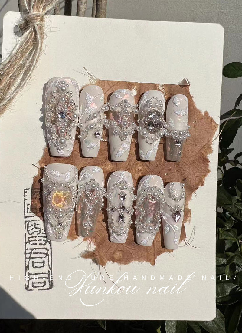 (Hand-Made Nail) Pure Hand-Wear Nail Manicure Light Luxury Flash Fairy Princess Internet Influencer Pearl Pure Desire Ins Hand-Painted Detachable