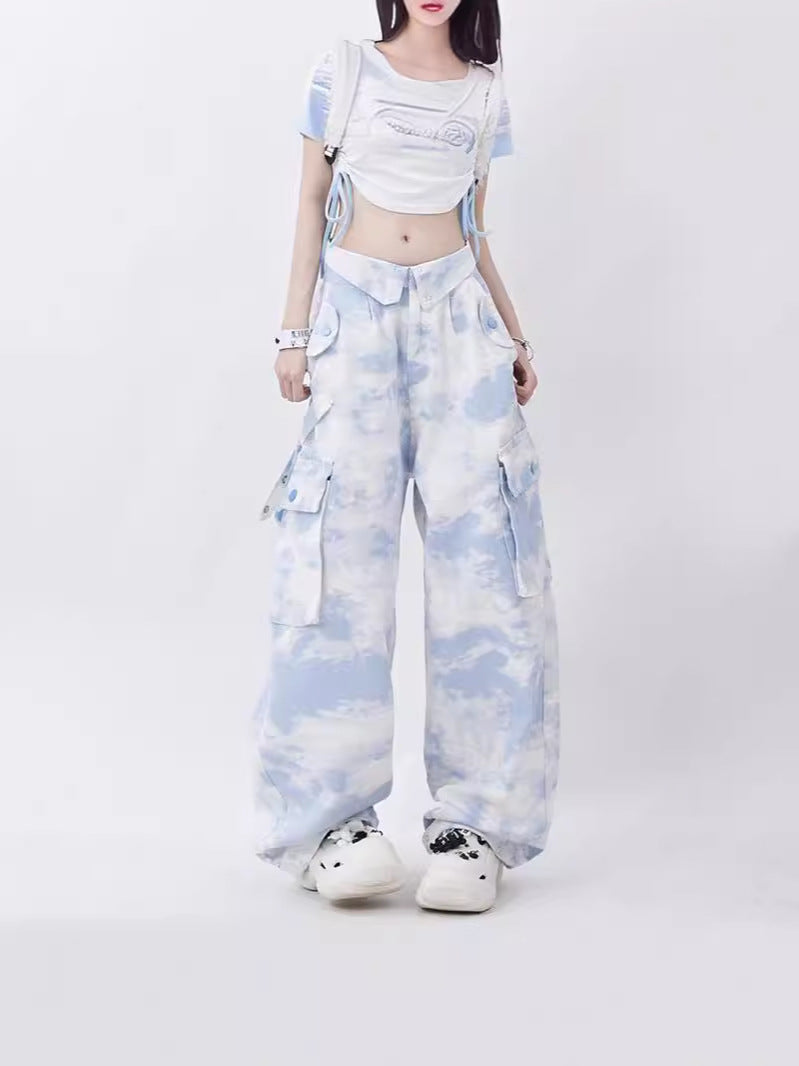 Dopamine pants Free shipping Tattoo Rayohopp dopamine wear camouflage overalls women's flip waist tie-dye design loose straight casual pants