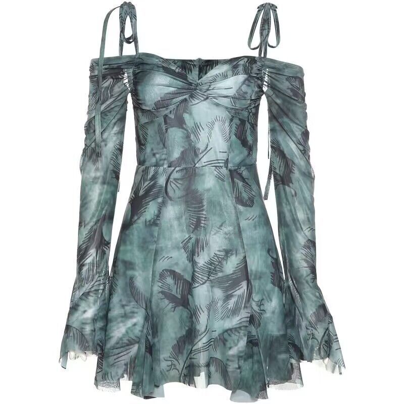 Fashion women's wear 2024 Summer Sexy off-Shoulder Bell Sleeve Printed Waist-Controlled Slimming Sling Dress Wholesale