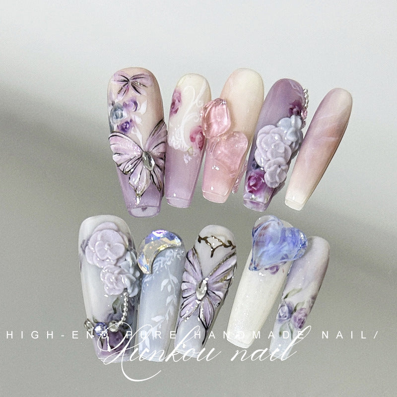 (Hand-Made Nail) Pure Hand-Wear Nail Polish Ice Transparent Nude Pink Flashing Flower Butterfly Blooming Detachable Heavy Hand-Painted