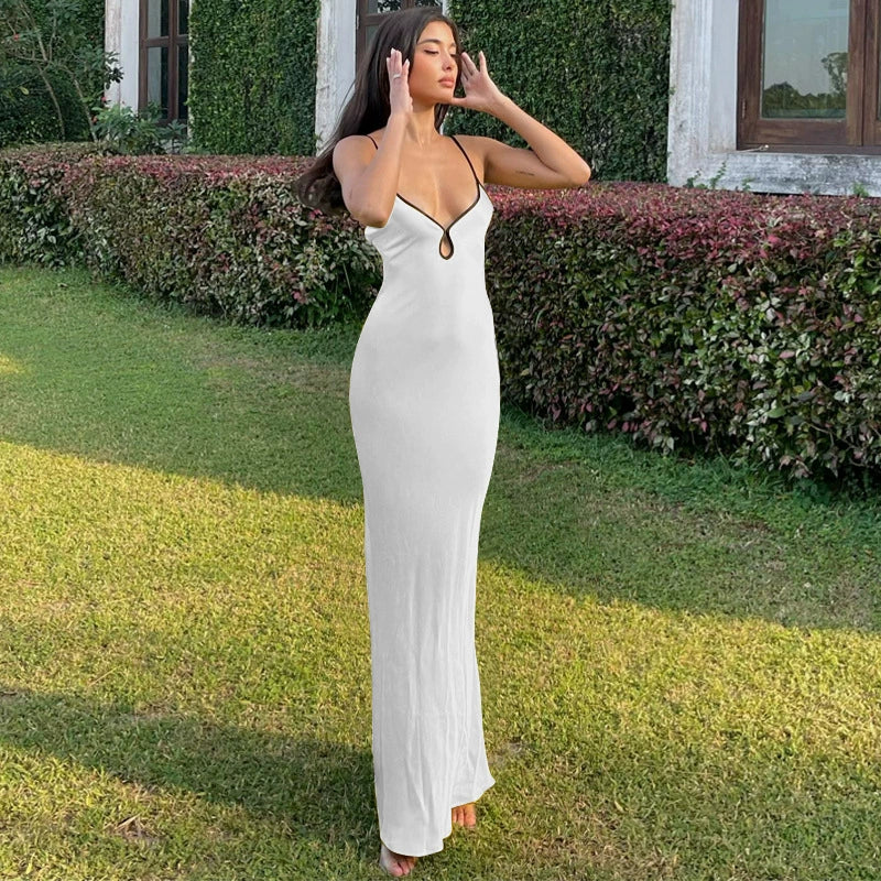 Fashion women's wear High-Grade Solid Color Satin Sling Dress Special-Interest Design French Style Temperament Hot Girl Seaside Vacation Slim Fit Long Dress