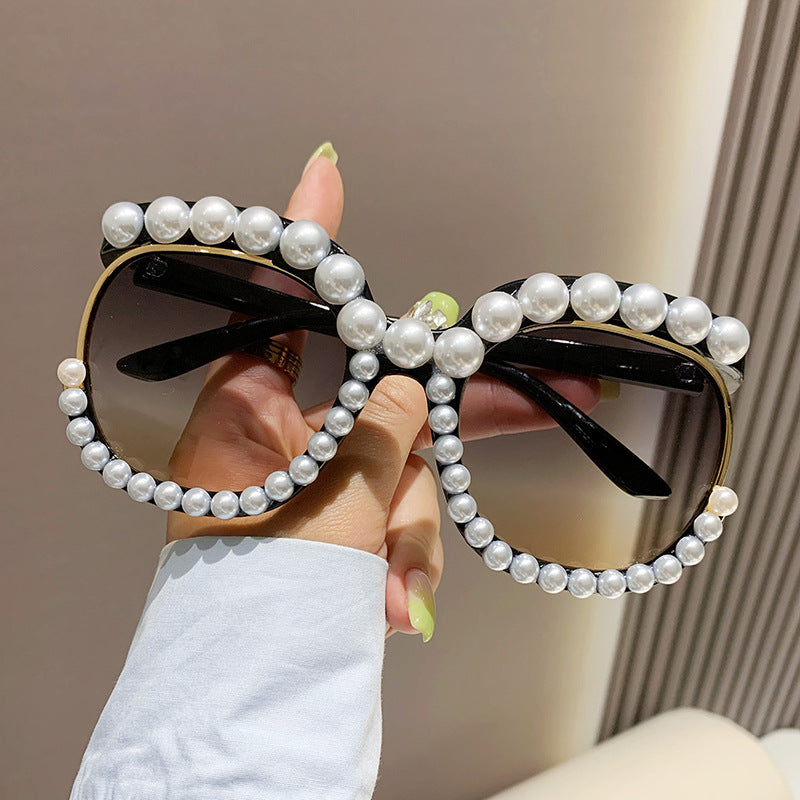 Women's fashion glasses 欧美跨境2023新款镶珍珠无框太阳镜女时尚个性夸张影楼拍照墨镜