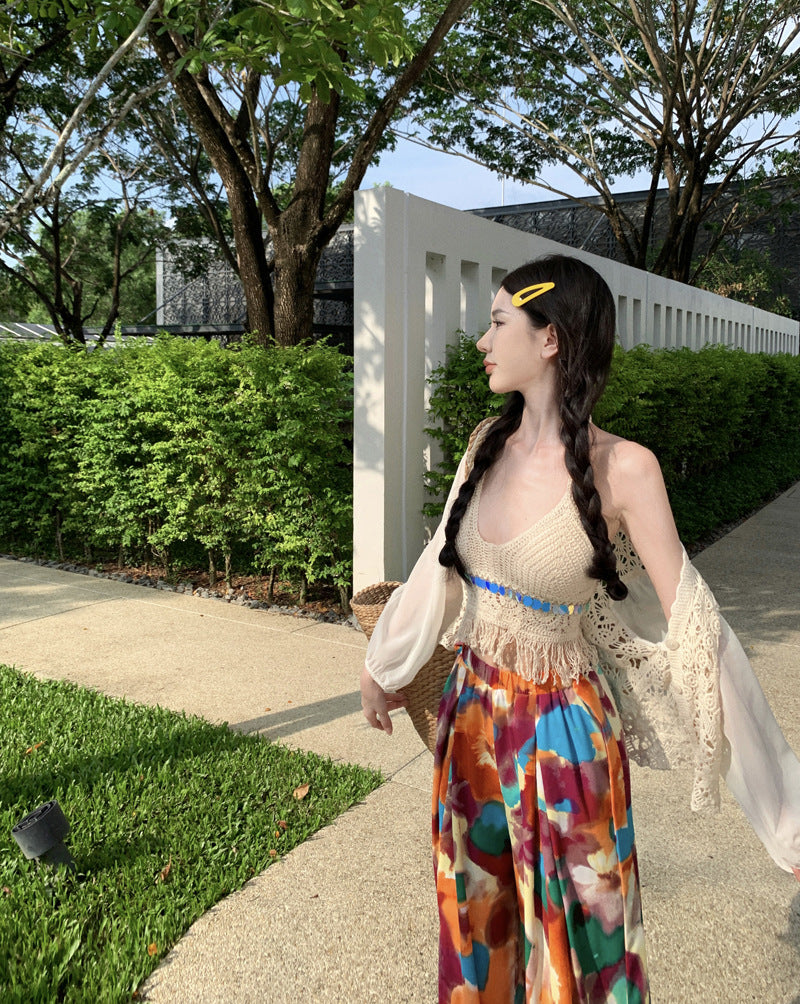 Dopamine pants Free shipping Tattoo 2024 oil painting color dopamine summer cool pants seaside vacation Yunnan Sanya travel style wide-leg trousers