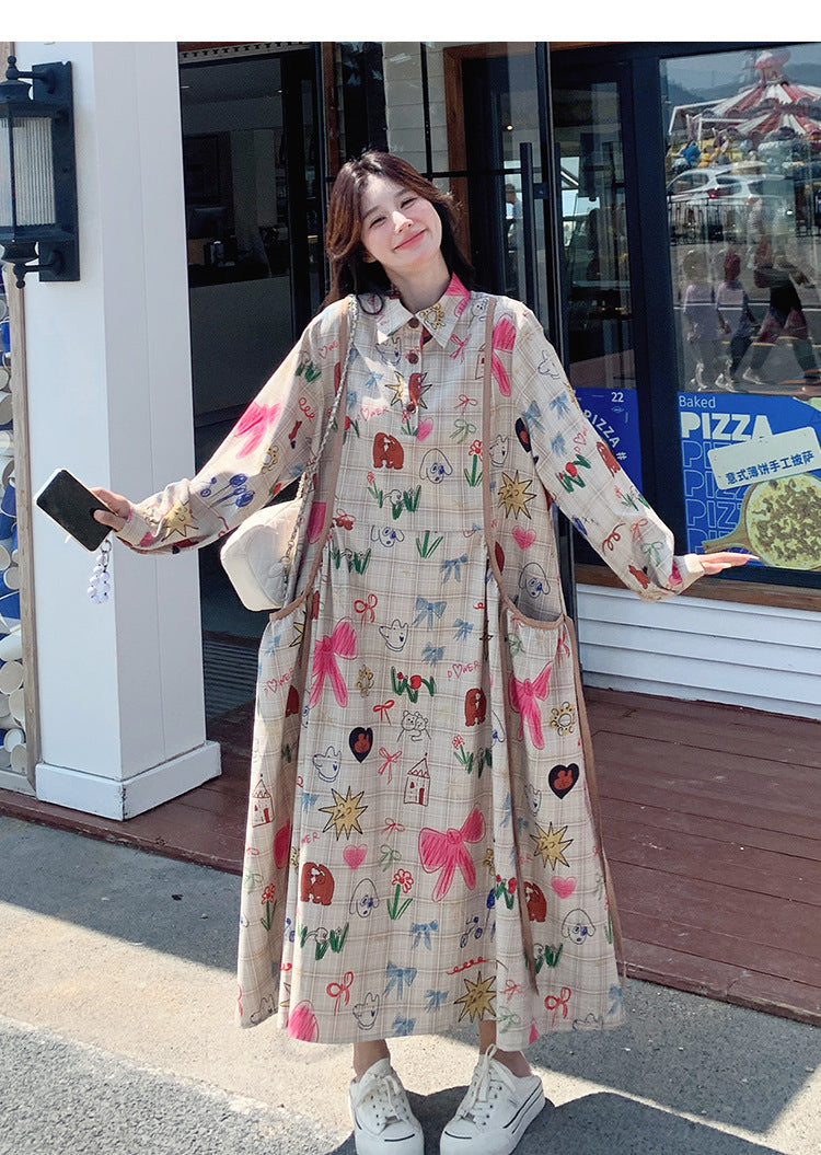 Dopamine dress Free shipping Tattoo Design sense niche printing graffiti dopamine printing polo collar long dress spring and autumn new Korean version loose dress