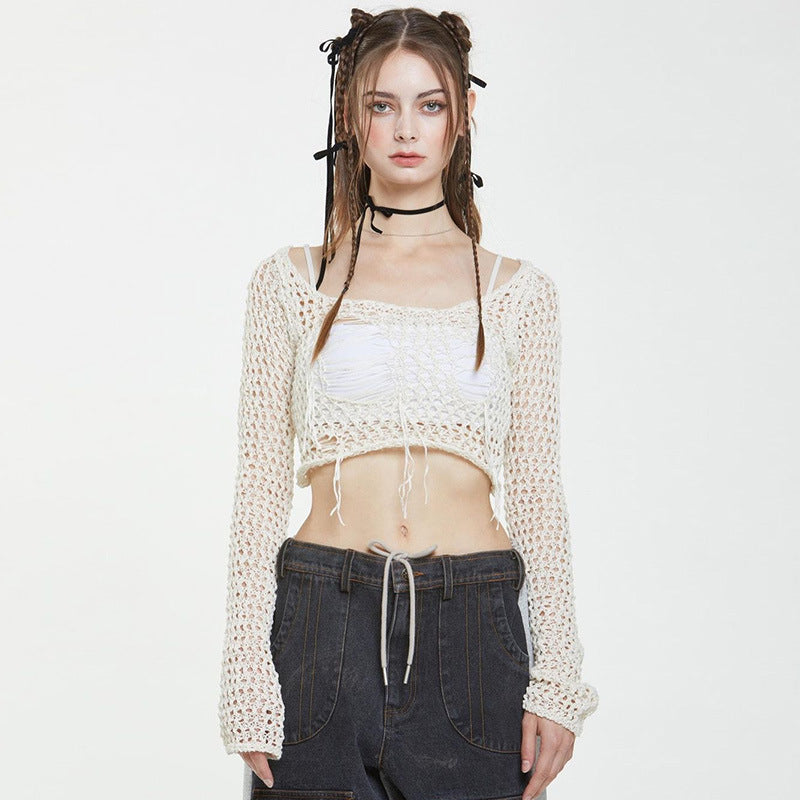 Fashion women's wear Women's Clothing 2024 New Woolen Blouse Broken Hole Design Sexy Hot Girl Style Short Long Sleeve Top Wholesale