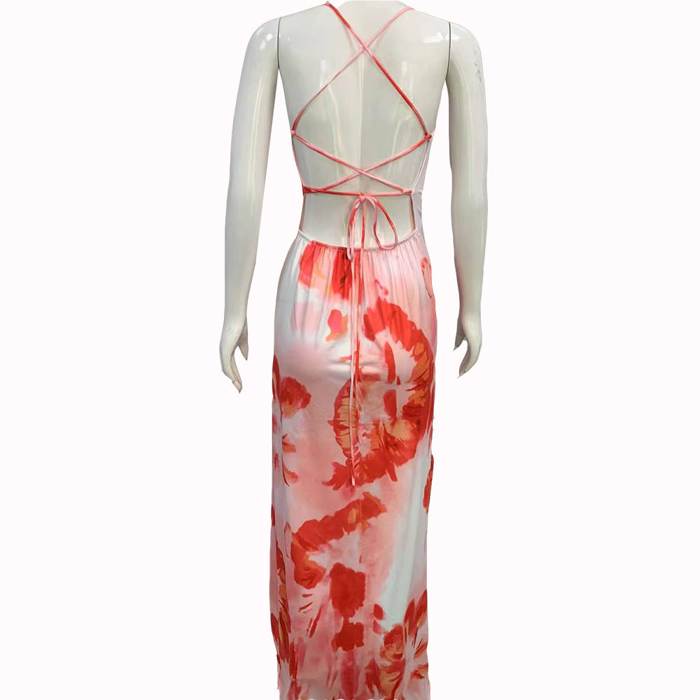 Fashion women's wear Tie-Dye Printed Sexy Back Cross Strap Mid-Length Sling Dress