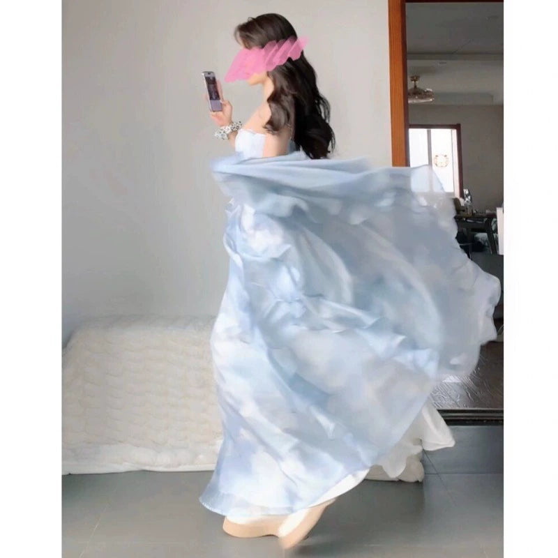 Fashion women's wear Seaside Vacation Style Blue Sling Dress Female Summer New Super Nice Niche Design French Fairy Skirt
