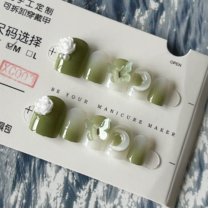 纯手工甲穿戴甲绿野蝴蝶指甲贴片月亮美甲片假指甲网红美甲贴成品