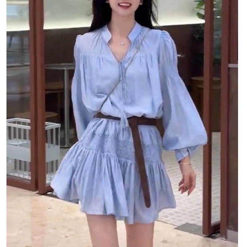 Dopamine dress Free shipping Tattoo MENGXIANG Dopamine Dress White French Sweet Long Sleeve Dress Short Early Autumn New
