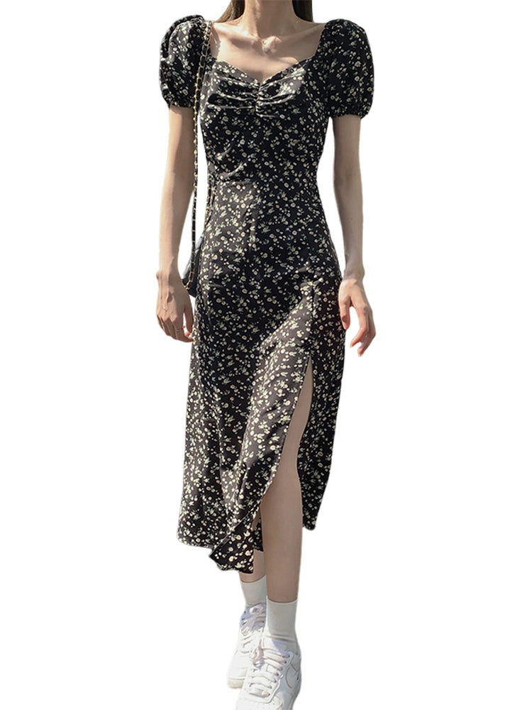 Fashion women's wear Black Slit Floral Dress Women's Summer 2024 New French High Sense Seaside Vacation Beach Dress