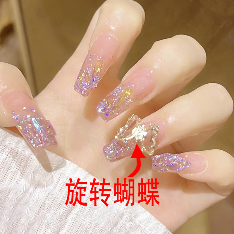 (Hand-Made Nail) Handmade Phototherapy Wearing Nail Wholesale Flash Phantom Purple Rotating Crystal Butterfly Wearable Nail Sticker Finished Nail Art