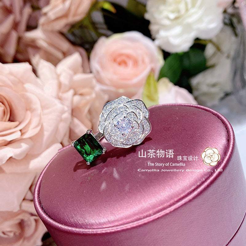 山茶璀璨孔雀绿玫瑰花宝石戒指 设计师镀金高端闪钻气质开口戒指