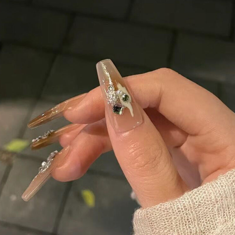 禅意茶棕穿戴甲显白指甲贴片满钻美甲片半手工假指甲高级美甲贴片