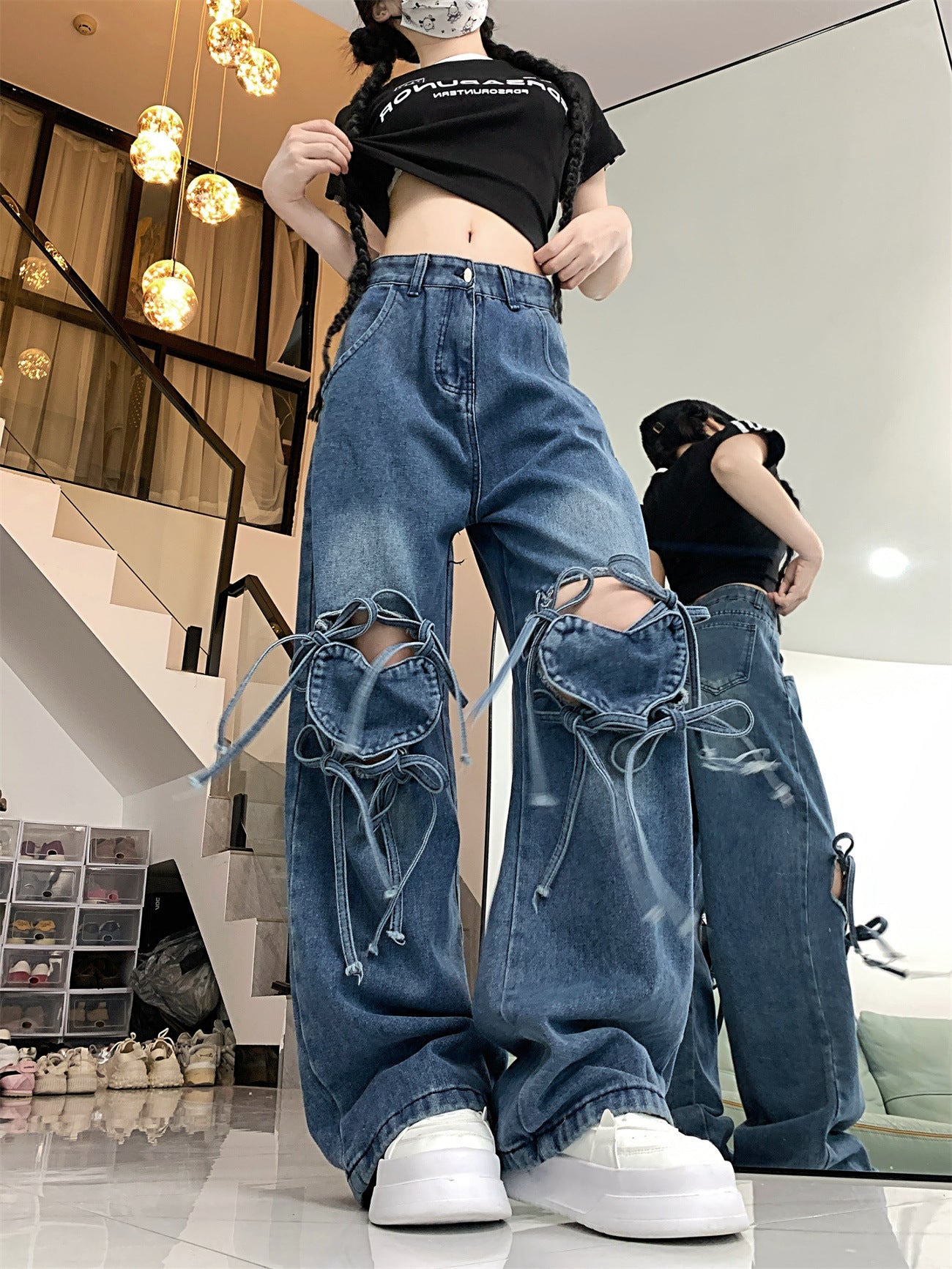Dopamine pants Free shipping Tattoo Jeans women's spring dopamine wear retro love strap design sense straight women's pants tide