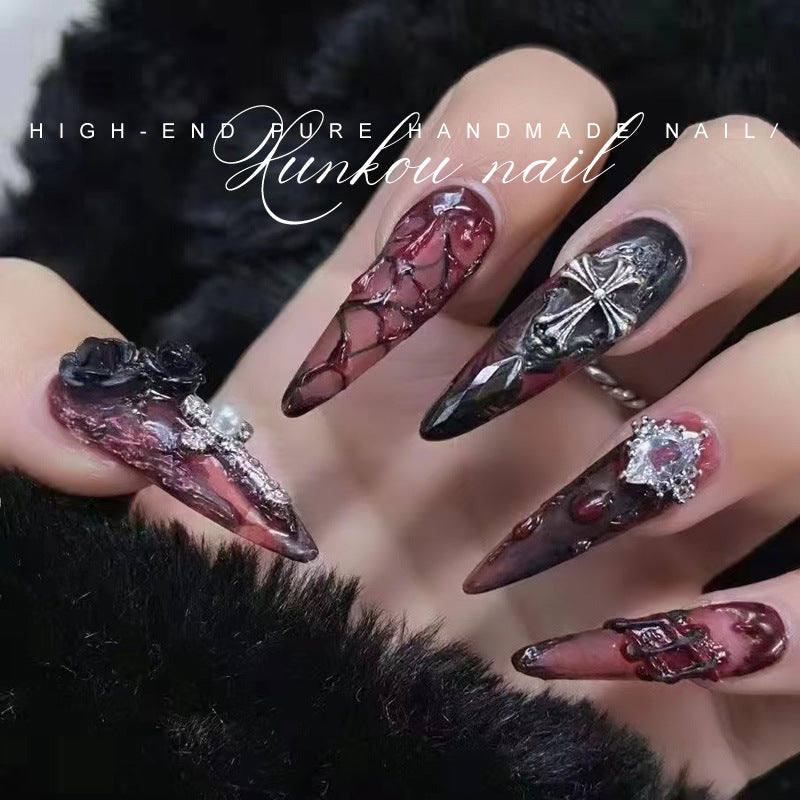 (Hand-Made Nail) Nail Fairy Flashing Pink Gradient Butterfly Chain Irregular Shell Gentle Blooming Handmade Wear Nail