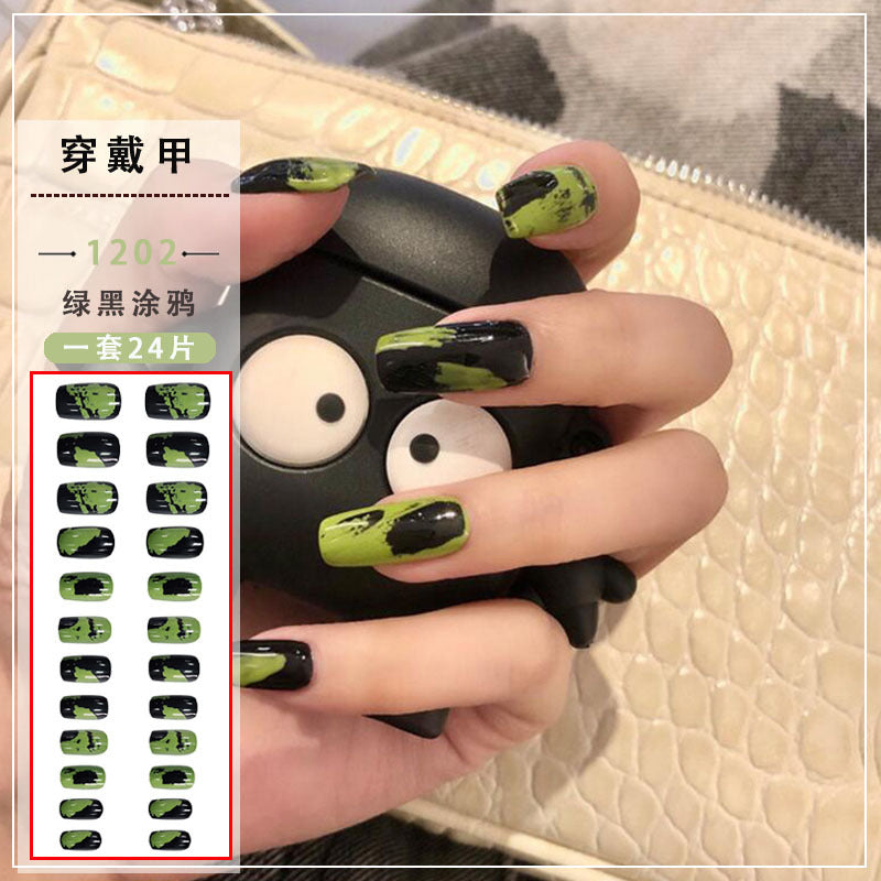 fake nail穿戴美甲成品黑绿未来艺术涂鸦假指甲美甲贴片指甲批发