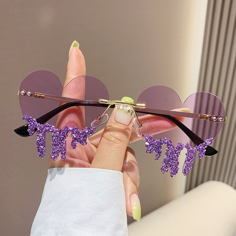 Women's fashion glasses 跨境个性爱心眼泪太阳镜女水钻无框趣味拍照墨镜高级感镶钻太阳镜