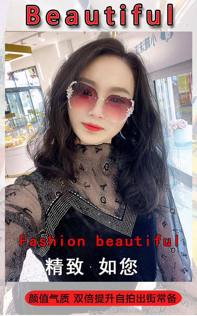 Women's fashion glasses 跨境大框架水钻无框切边太阳镜防晒防紫外线墨镜女高级感大脸显瘦