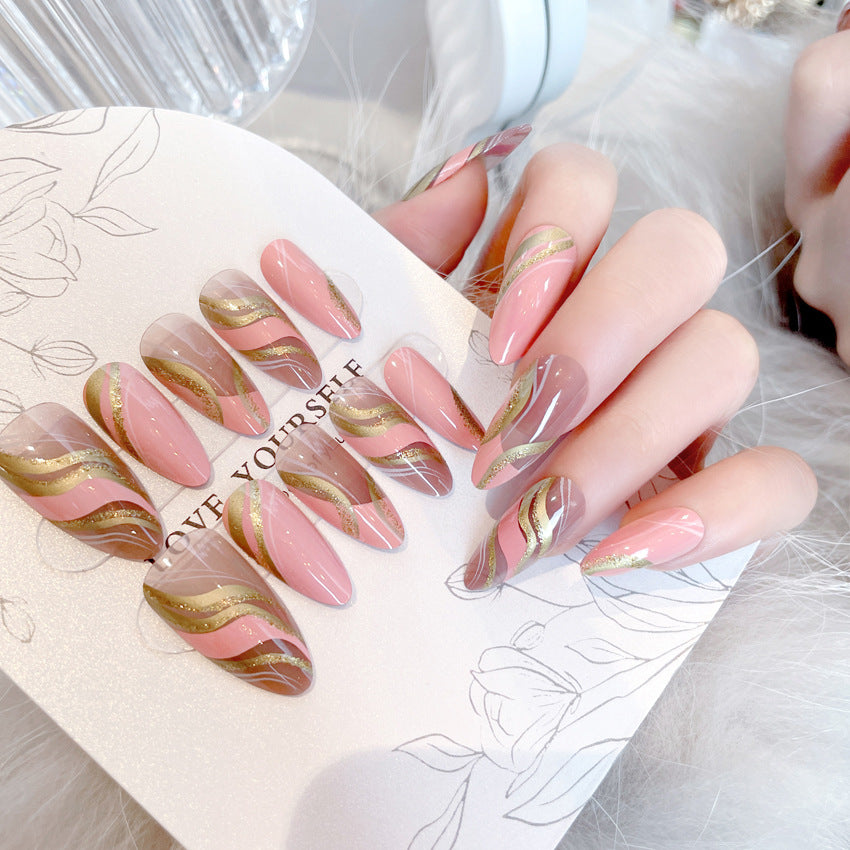 Fashion nail Pink Barbie Corrugated Long Almond Nail Glitter Hot Girl Ins Style European and American Foreign Trade Nail Tip Wear Nail Tip A60