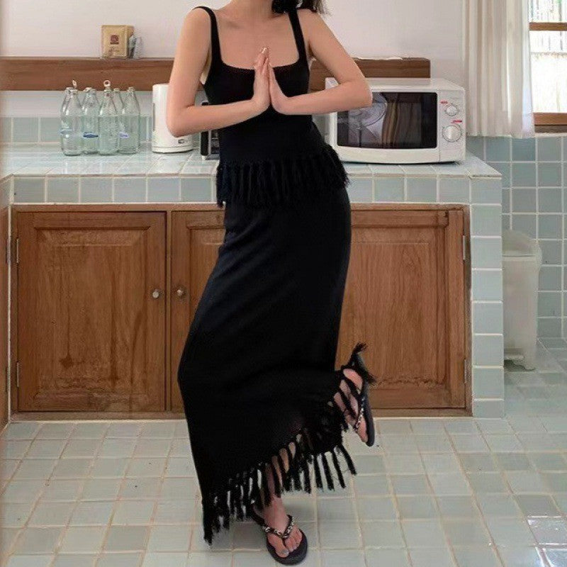 Dopamine dress Free shipping Tattoo Dopamine Sweet Girl Suit Girl Wear Summer Skirt A Complete Set of Fringed Sweet Wind Knitted Suspender Long Dress