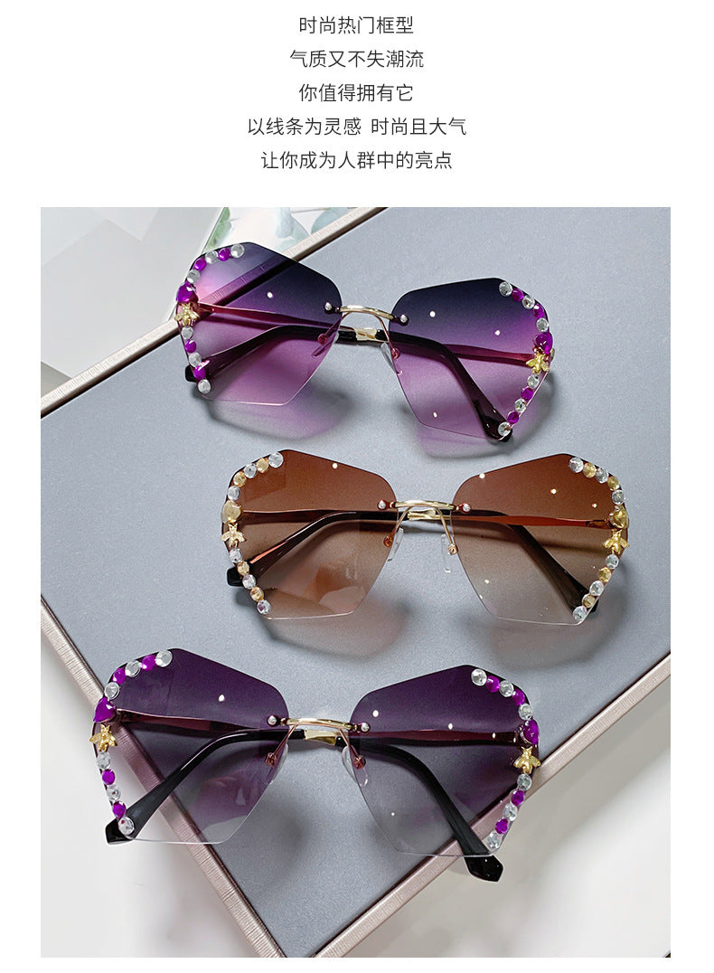Women's fashion glasses 网红带钻墨镜女2022小蜜蜂水钻无框大脸显瘦太阳眼镜女防紫外线