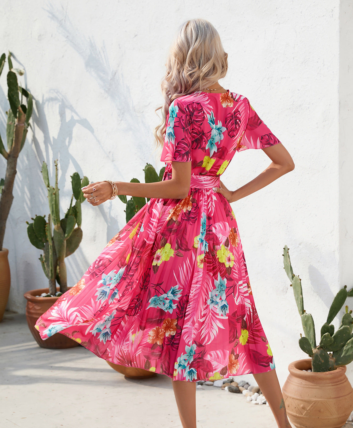 Fashion women's wear 2024 Women's Clothing Cross-Border Summer Printing Crumpled Mid-Length Short Sleeve Dress