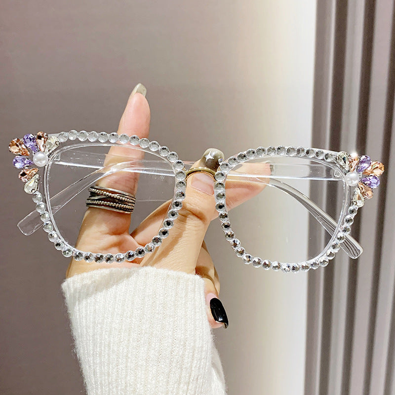 Women's fashion glasses 跨境新款镶钻猫眼太阳镜个性金属鼻梁水钻眼镜欧美街拍墨镜批发